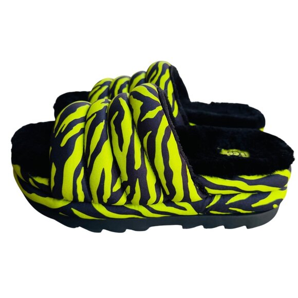 UGG Oh Yeah Slide Shoes Womens Size 8 Fuzzy Sandals Slippers Zebra Neon Green - Picture 8 of 13